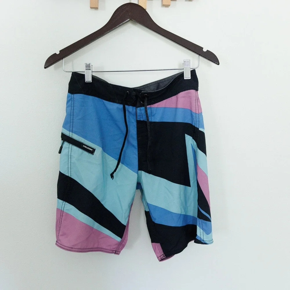 Volcom Mod-Tech Boys Board Shorts Size 27 Blue Pink Geometric Swim Trunks